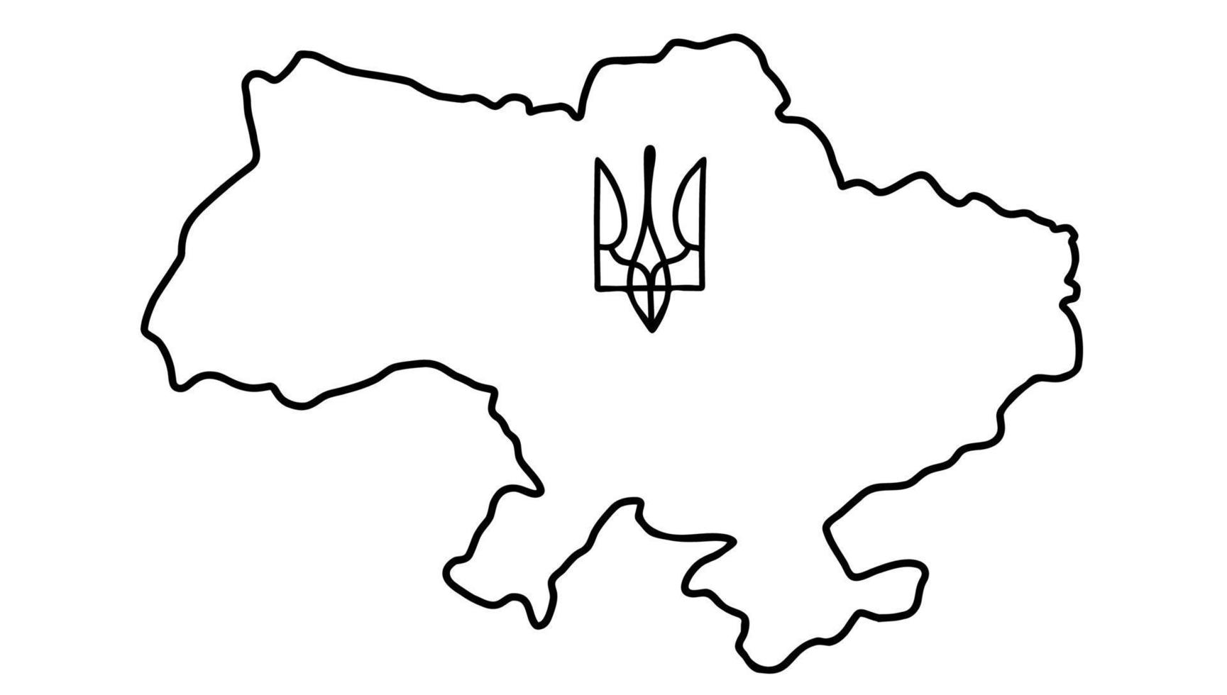 símbolos ucranianos. mapa de contorno de ucrania y escudo de armas del país tridente. ilustración vectorial garabato lineal dibujado a mano. para el diseño y la decoración del tema ucraniano vector