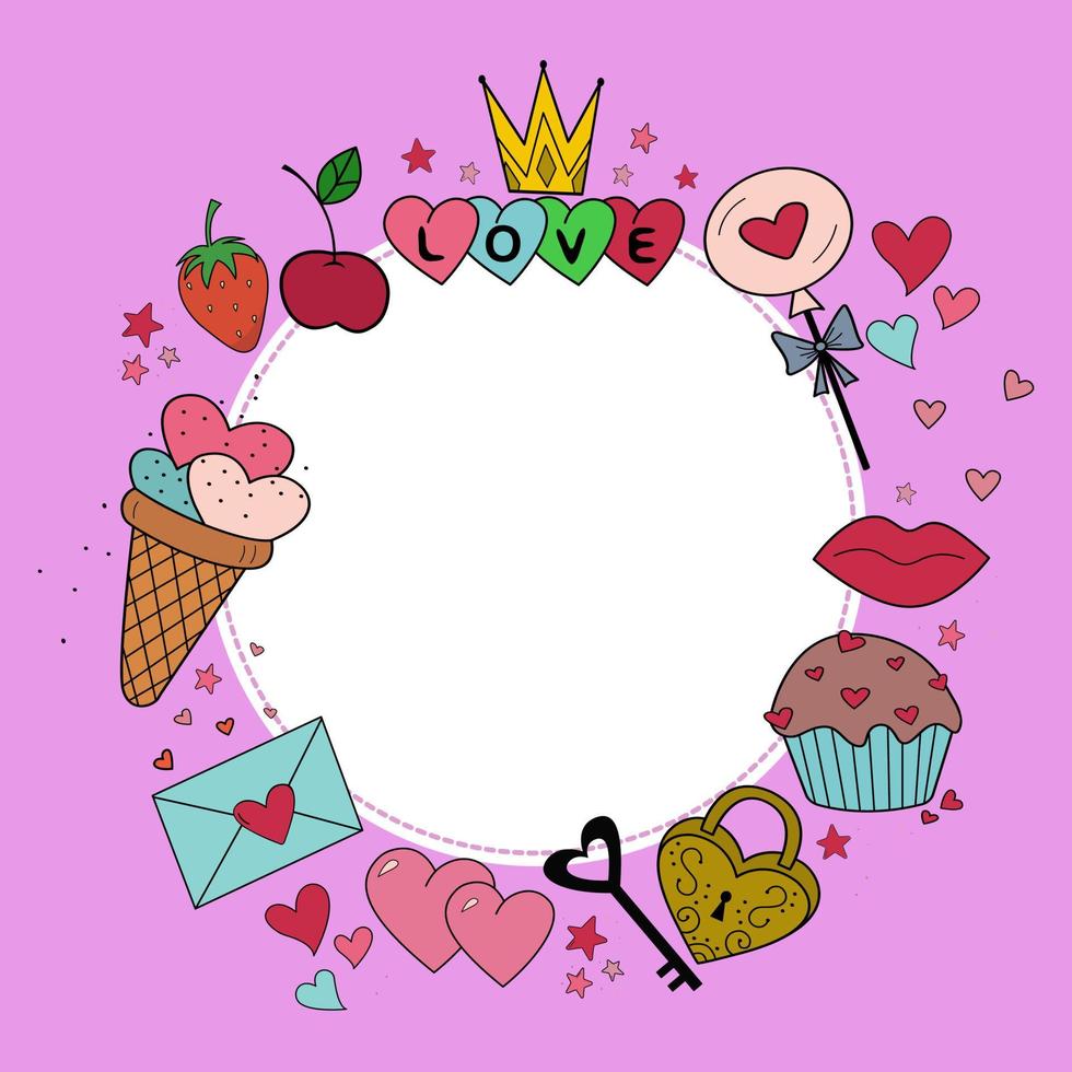 A photo frame with hand-drawn cute elements. Hearts, cupcakes, lollipops, candies, berries, envelope, ice cream. Valentine's Day, birthday. A declaration of love. An illustration for your design. vector