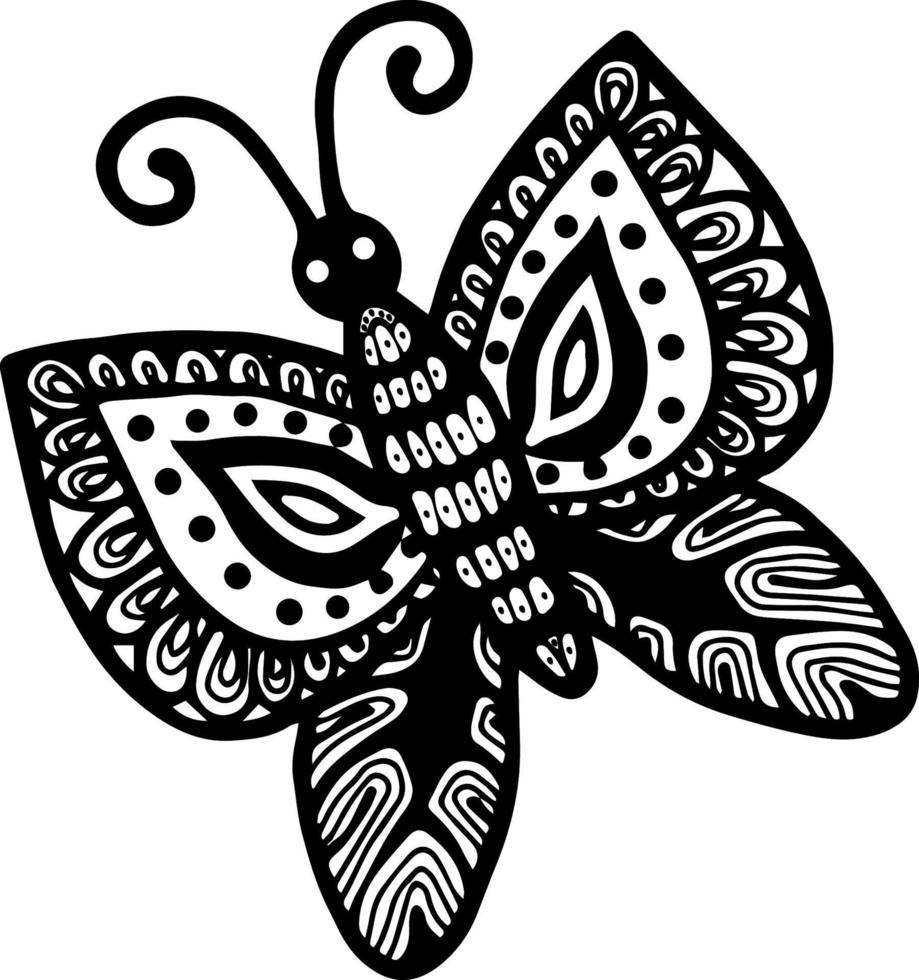Vector illustration of a stylized decorative black and white butterfly. An idea for a logo, fashion illustrations, magazines, printing on clothes, advertising, tattoo sketch or mehendi.