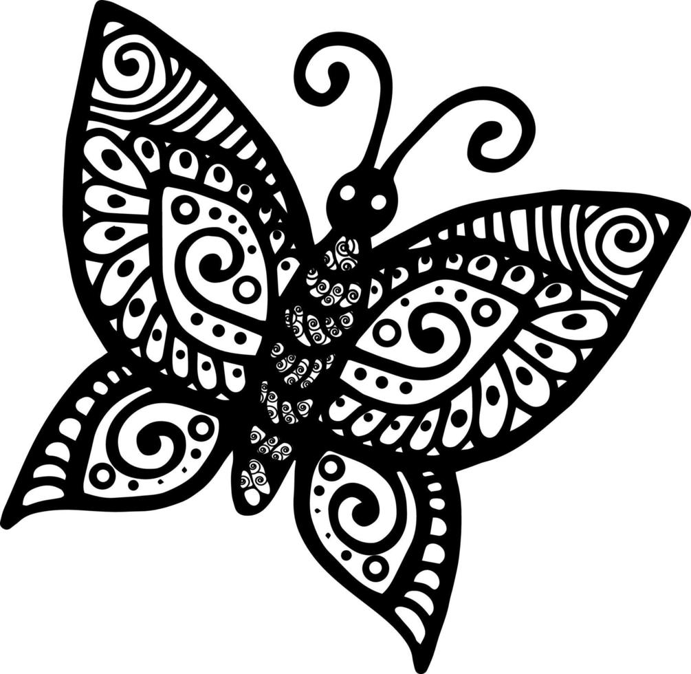 ilustración en blanco y negro de una mariposa sobre un fondo blanco, insecto vectorial, ilustración monocromática.la idea de un logotipo, libros para colorear, revistas, impresión en ropa, publicidad, dibujo de tatuajes. vector