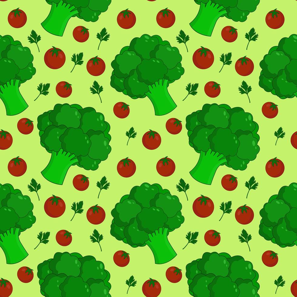 Vector pattern of vegetables, tomatoes, broccoli, parsley. For paper, cover, fabric, healthy food background, gift wrapping, wall art, interior decor printed on fabric, paper, kitchen decor.