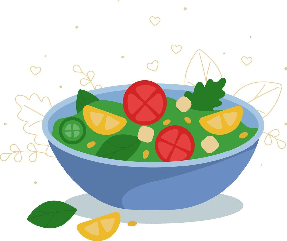 un plato de ensalada de verduras. alimentos naturales y saludables. delicioso plato vegetariano. elemento vectorial para menús de café, libros de cocina y revistas, publicidad. vector