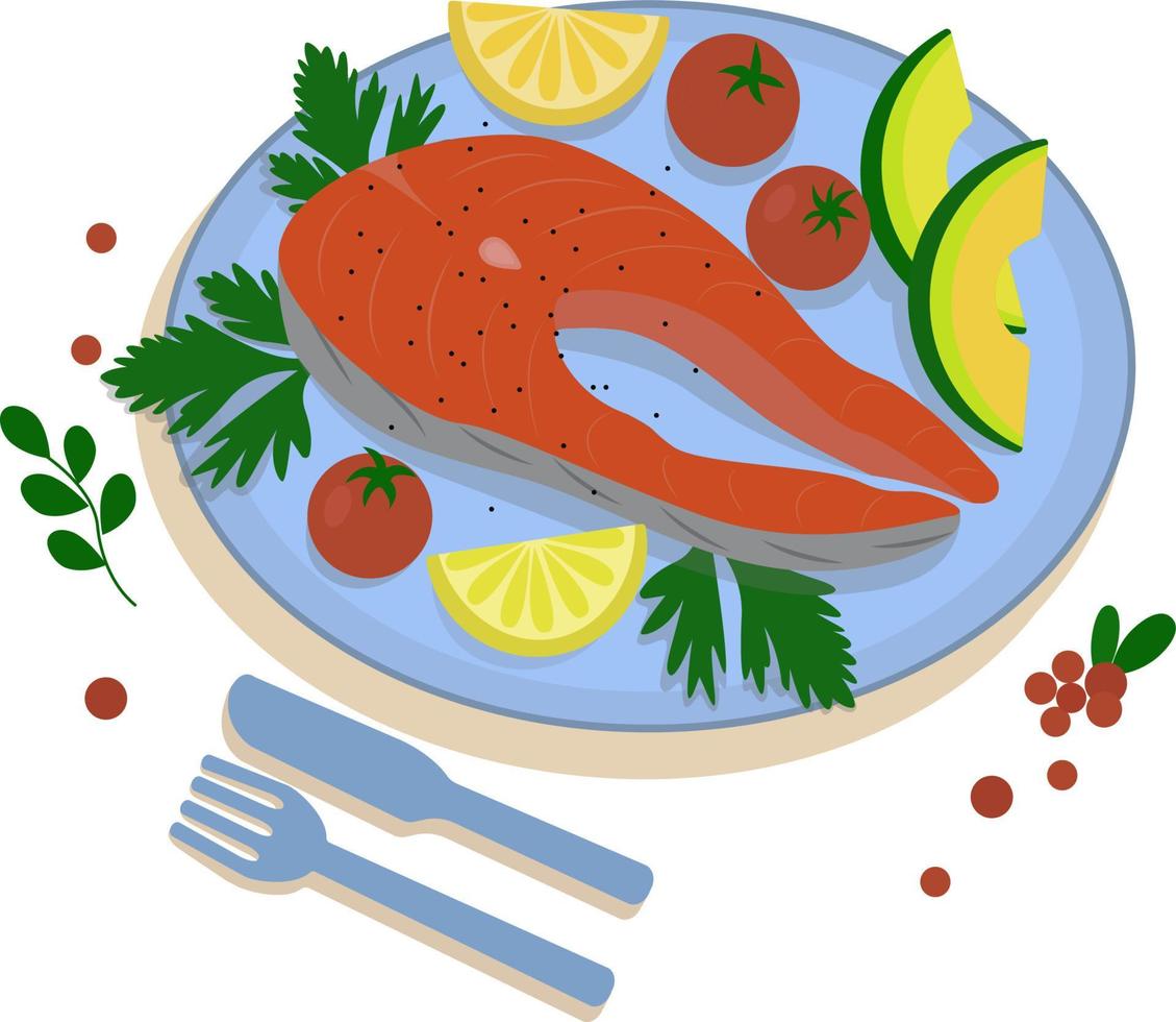 Grilled salmon fillet fish on a plate. Cooked trout steak with lemon and tomatoes. Cartoon vector illustration of seafood.