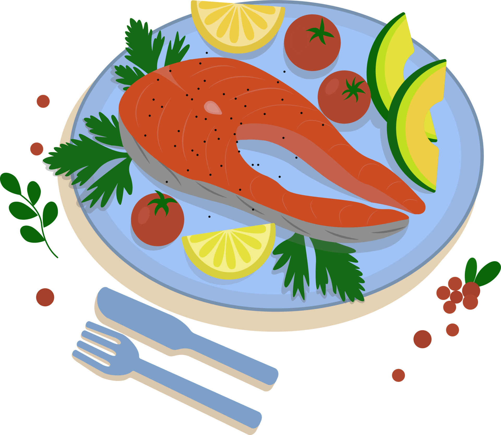 Grilled salmon fillet fish on a plate. Cooked trout steak with lemon and  tomatoes. Cartoon vector illustration of seafood. 6624645 Vector Art at  Vecteezy