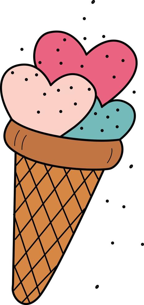 Image of delicious ice cream in a waffle cone.Vector illustration for Valentine's Day, birthday.Wedding party decor, website, mobile app, icons, postcards, advertising. vector