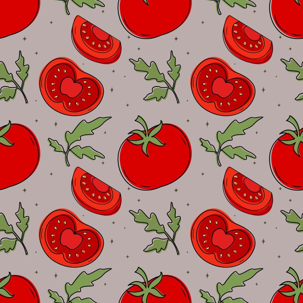 Vector pattern of a set of tomatoes. Design elements for menus, advertisements and covers, children's books, food and food illustrations.Vector of vegetables and foliage. Illustration of food.
