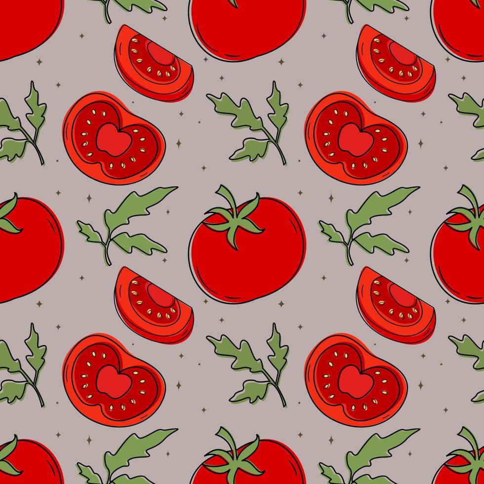 patrón vectorial de un conjunto de tomates. elementos de diseño para menús, anuncios y portadas, libros para niños, ilustraciones de alimentos y alimentos. vector de verduras y follaje. ilustración de comida.