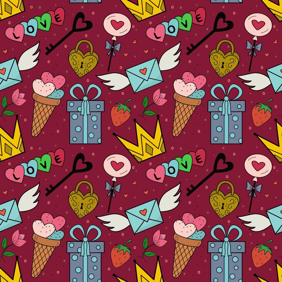 Vector pattern of cute illustrations for Valentine's Day, wedding, for websites and interfaces, mobile applications, postcards, wrapping paper, advertising.Vector pattern