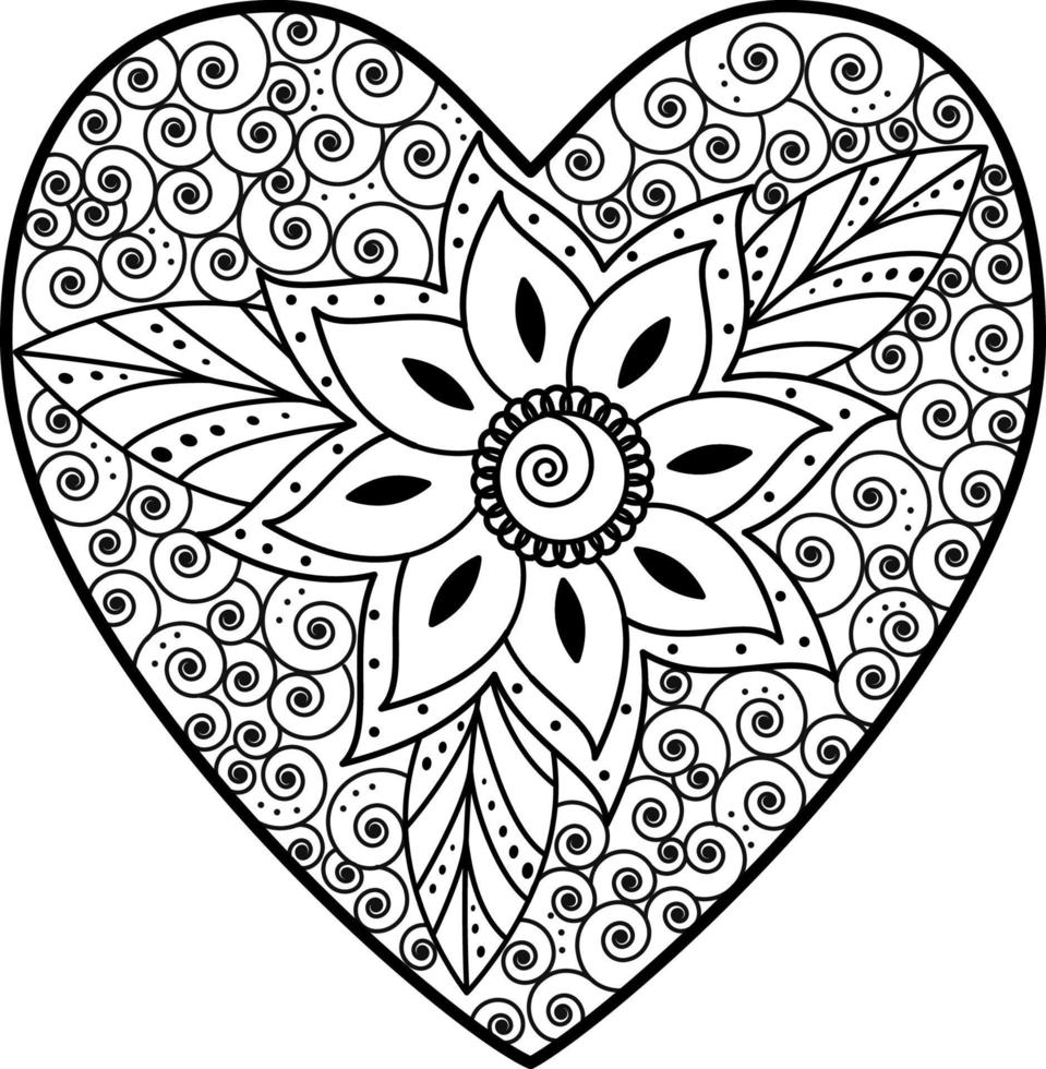 patrón mehndi floral en forma de corazón para dibujar y tatuar a mano. decoración en estilo étnico oriental, indio. felicitaciones por el día de san valentín. la página del libro para colorear. vector