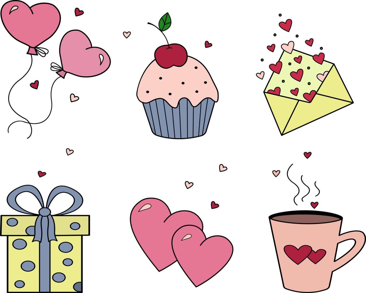 lindo conjunto con corazones, globos sobre el tema del día de san valentín, bodas, eventos románticos. iconos vectoriales de contorno en un fondo azul.para sitios web e interfaces, aplicaciones móviles, iconos, postales. vector