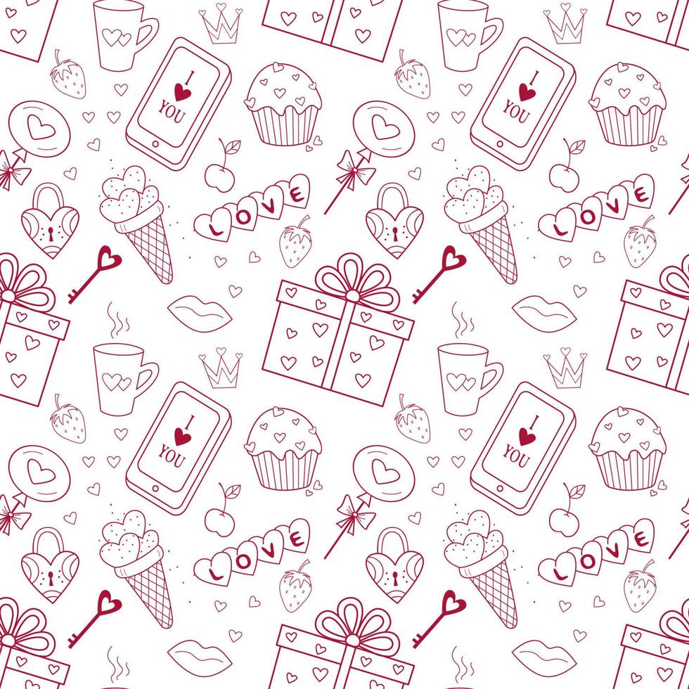 Cute seamless pattern on the theme of Valentine's Day, wedding, romantic events. Contour vector icons on a light background.