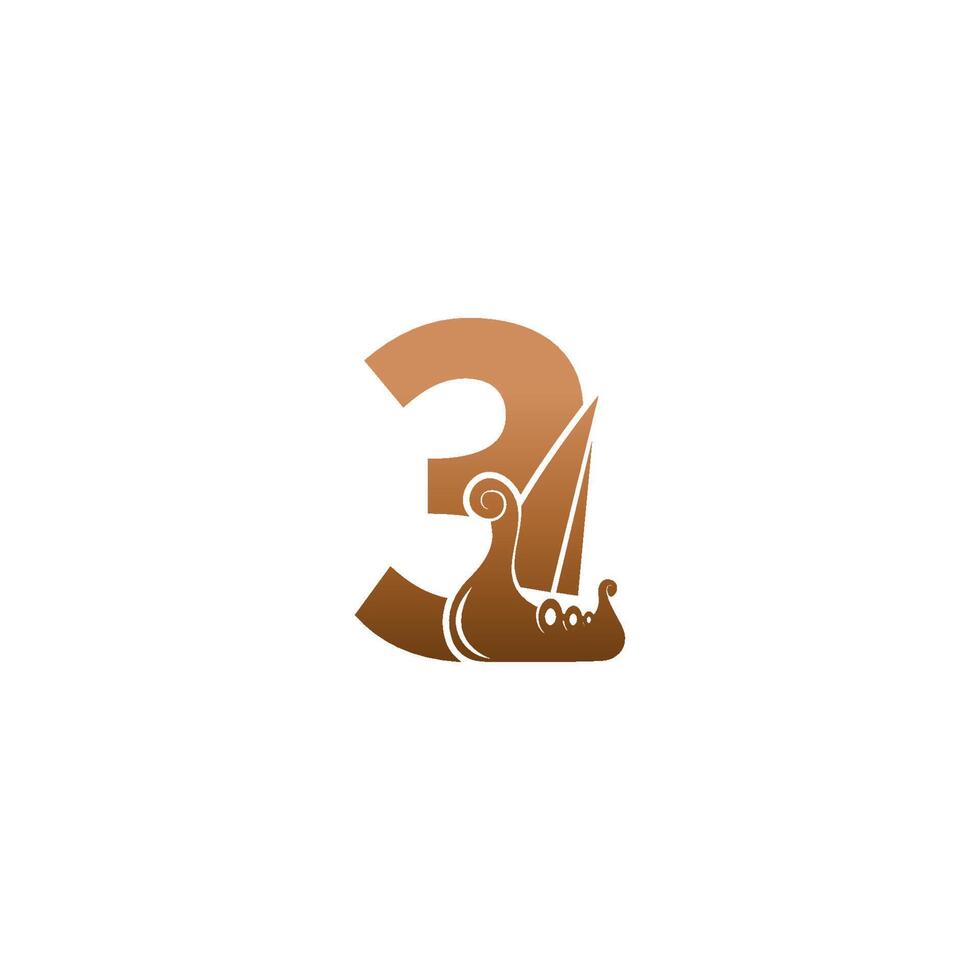 número 3 con icono de logotipo plantilla de diseño de velero vikingo vector