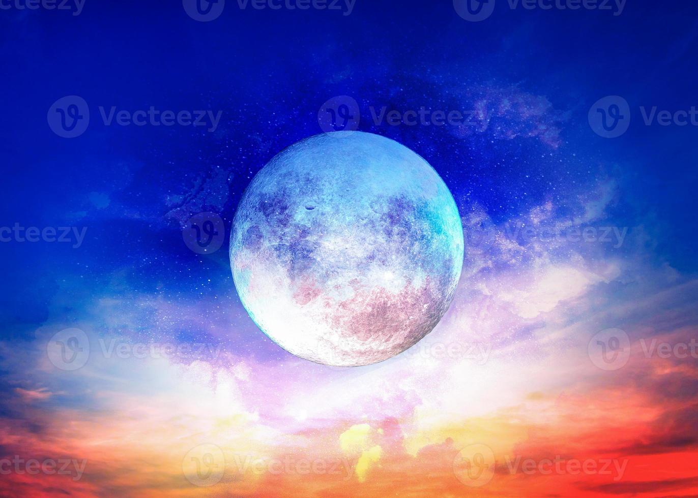 Moon and super colorful deep space. Gorgeous display of blue and red color. Background night sky with stars, moon and clouds. A view of the moon of incomparable beauty. photo