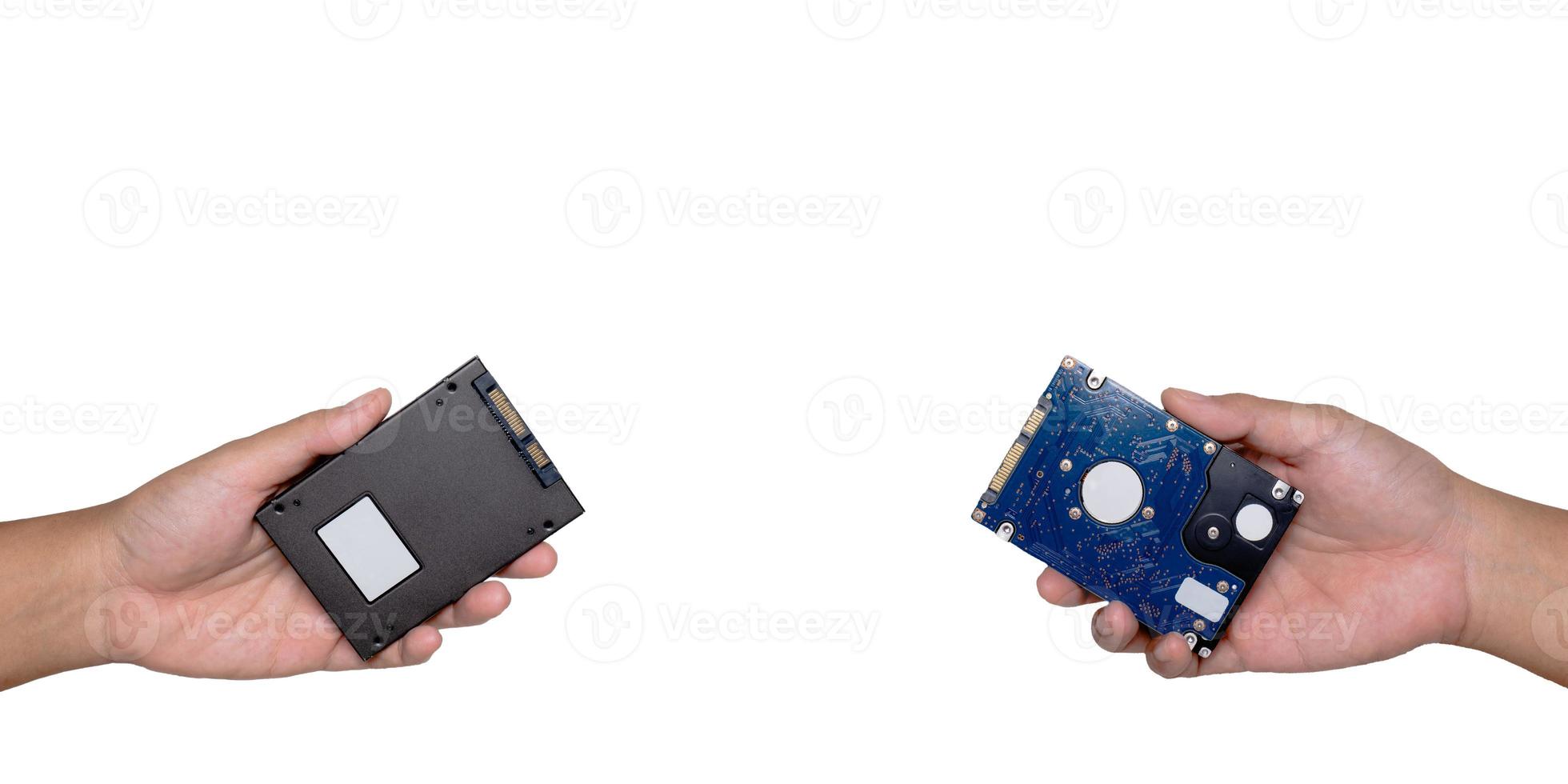 Both hands are sending SSD and HDD exchange. It's like passing on technology from generation to generation. and increase the storage capacity to speed up photo