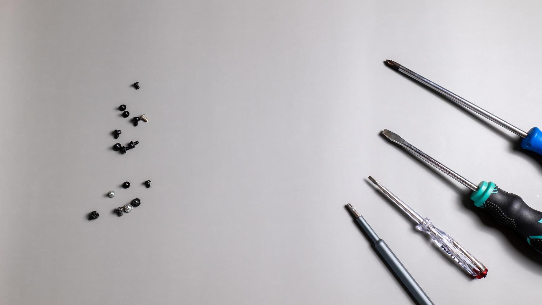 View from above, various types of screwdrivers with nuts to choose from according to the job style and have space to put text on a gray background. photo