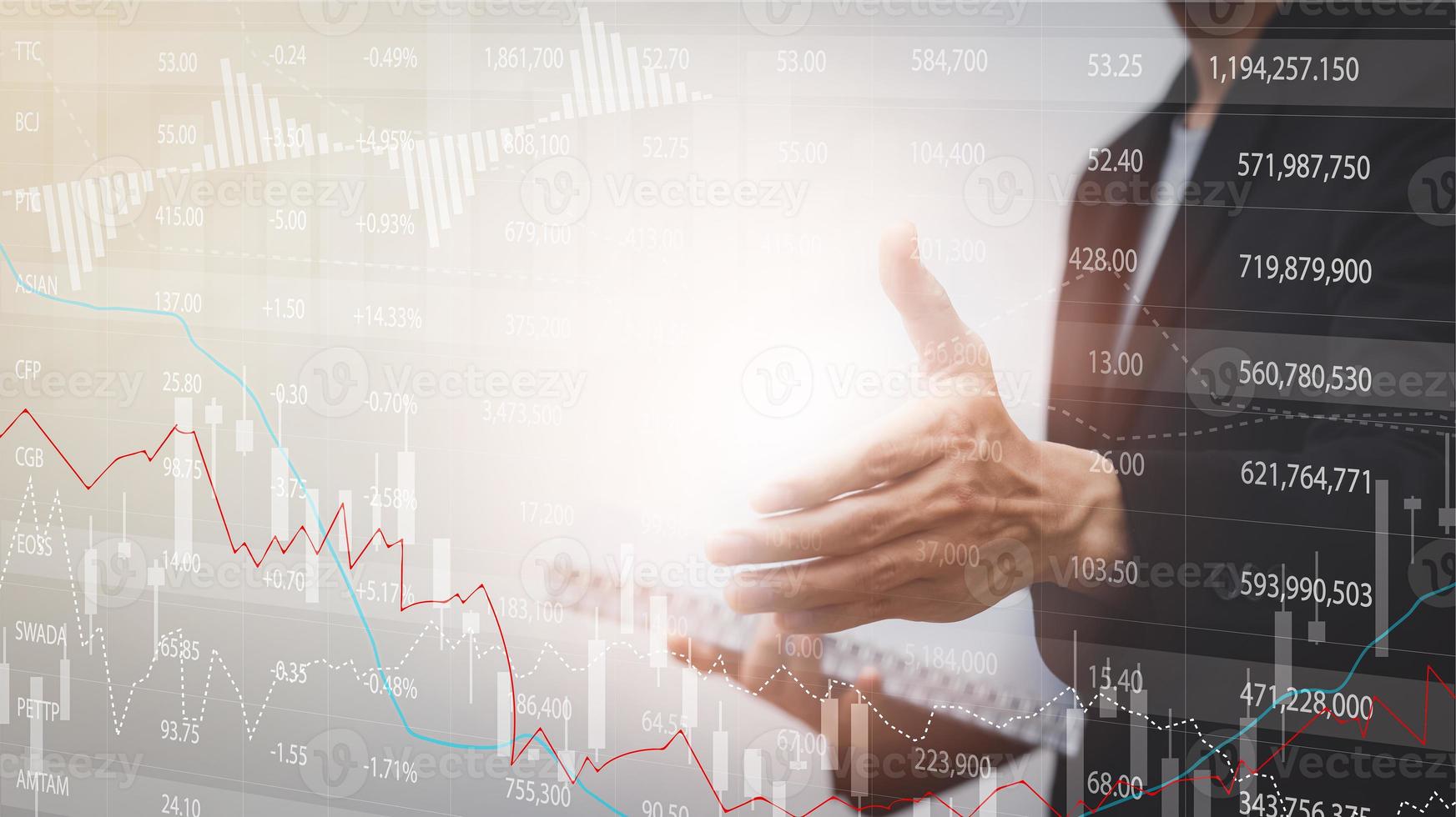 Double exposure of business Partner handshake between a man and a woman on blue sky background, business deal, handshake on modern blue background, Teamwork,support. Solidarity, compassion, photo