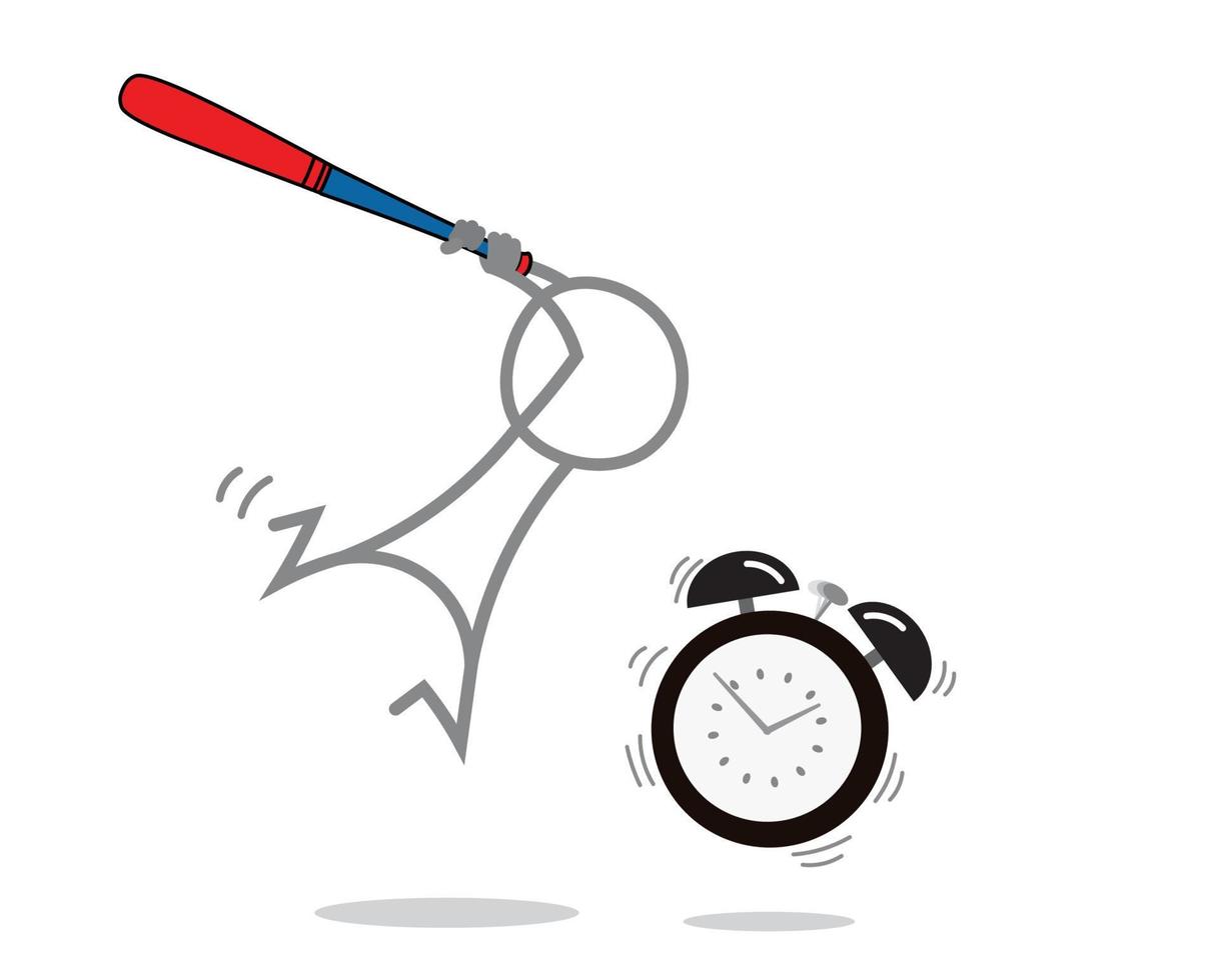 Doodle man fighting against alarm clock. vector