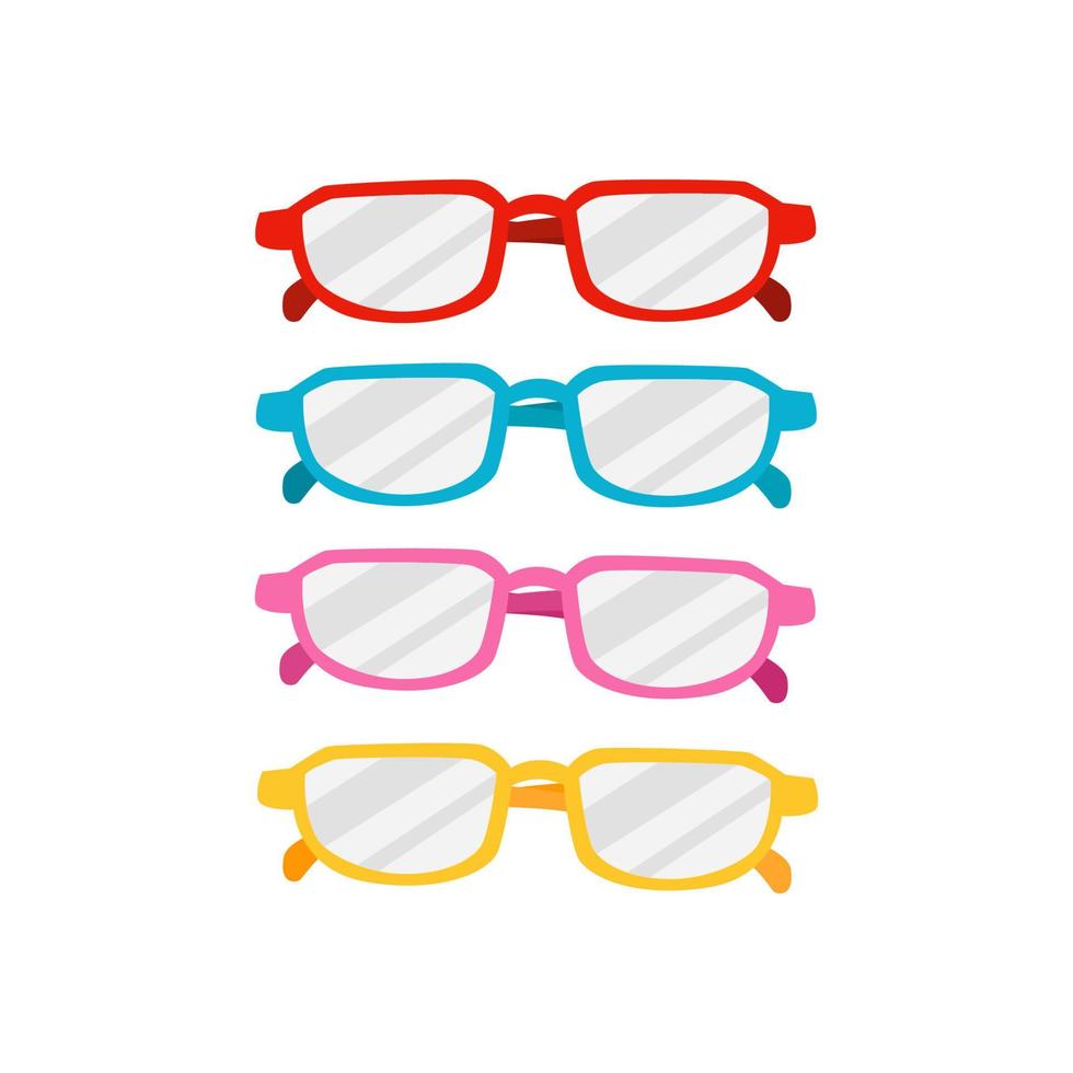 coloridas gafas de dibujos animados ilustración vectorial en 4 colores diferentes rojo, azul, rosa y amarillo en un estilo de diseño plano. perfecto para elementos de moda, lectura o estudio en el elemento temático de regreso a la escuela vector