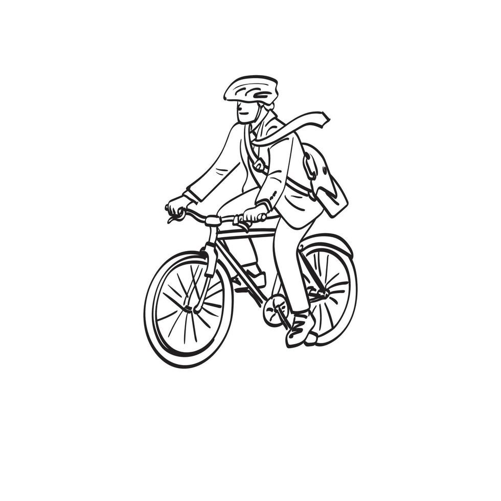 line art businessman with helmet riding bicycle to work illustration vector hand drawn isolated on white background