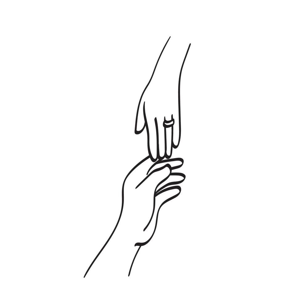 line art closeup hand of lover couple holding with wedding ring illustration vector hand drawn isolated on white background