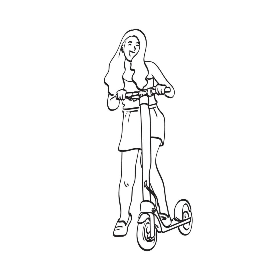 arte de línea de longitud completa mujer sonriente usando scooter eléctrico moderno ilustración vector dibujado a mano aislado sobre fondo blanco