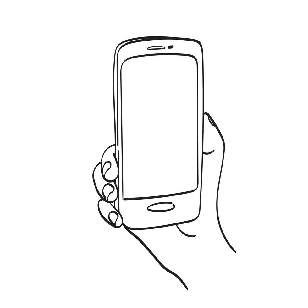 line art closeup hand holding smartphone with blank space illustration vector hand drawn isolated on white background