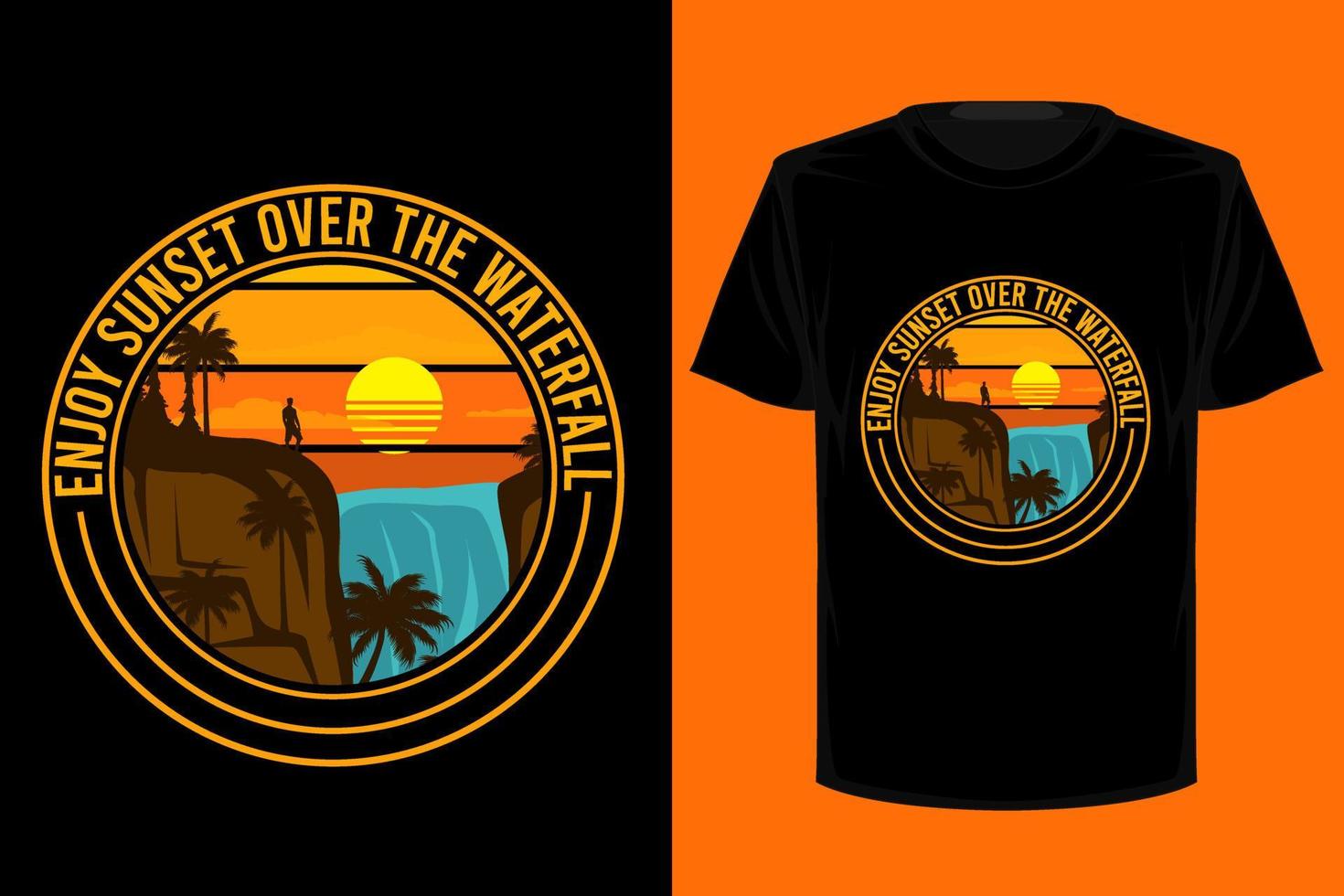 Enjoy sunset over the waterfall retro vintage t shirt design vector