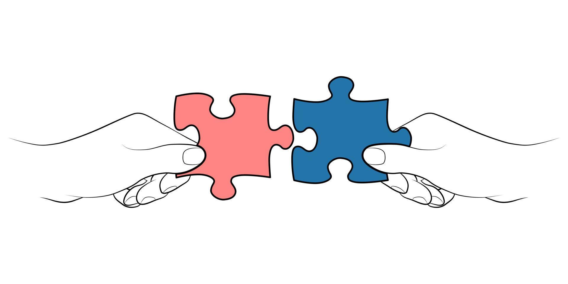 Hands hold puzzles to cross-connect. vector