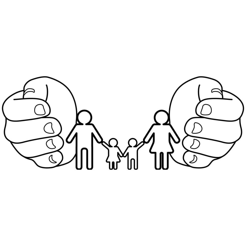Hands holding family. Line art. vector