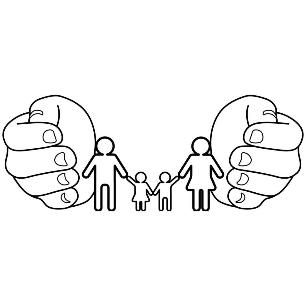 Hands holding family. Line art. vector