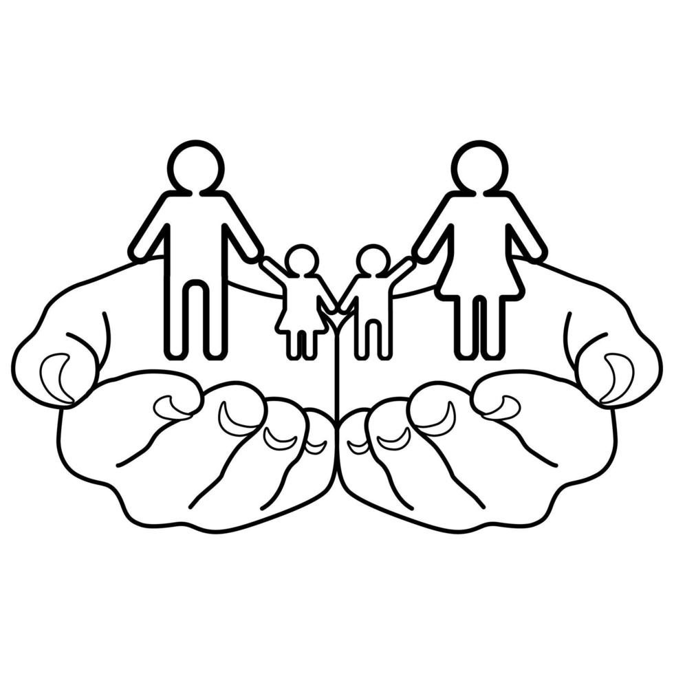 Hands holding family. Line art. vector