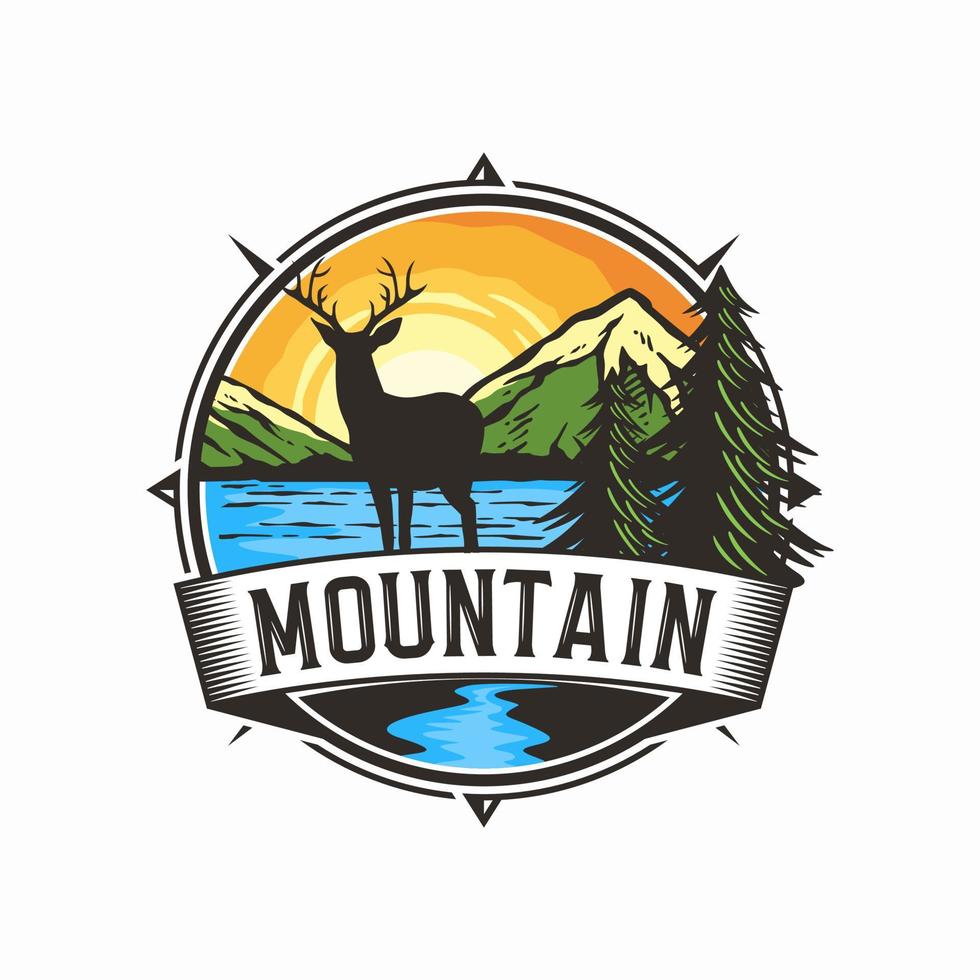 Ilustración de vector de logotipo creativo de ciervo y montaña