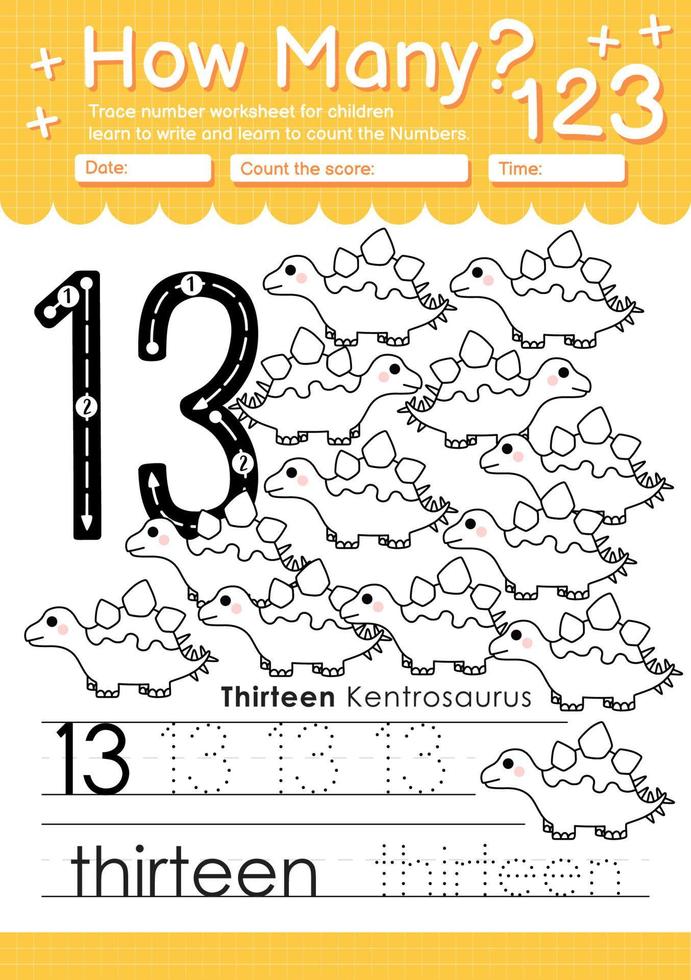 Numbers tracing template by counting dinosaur number thirteen vector