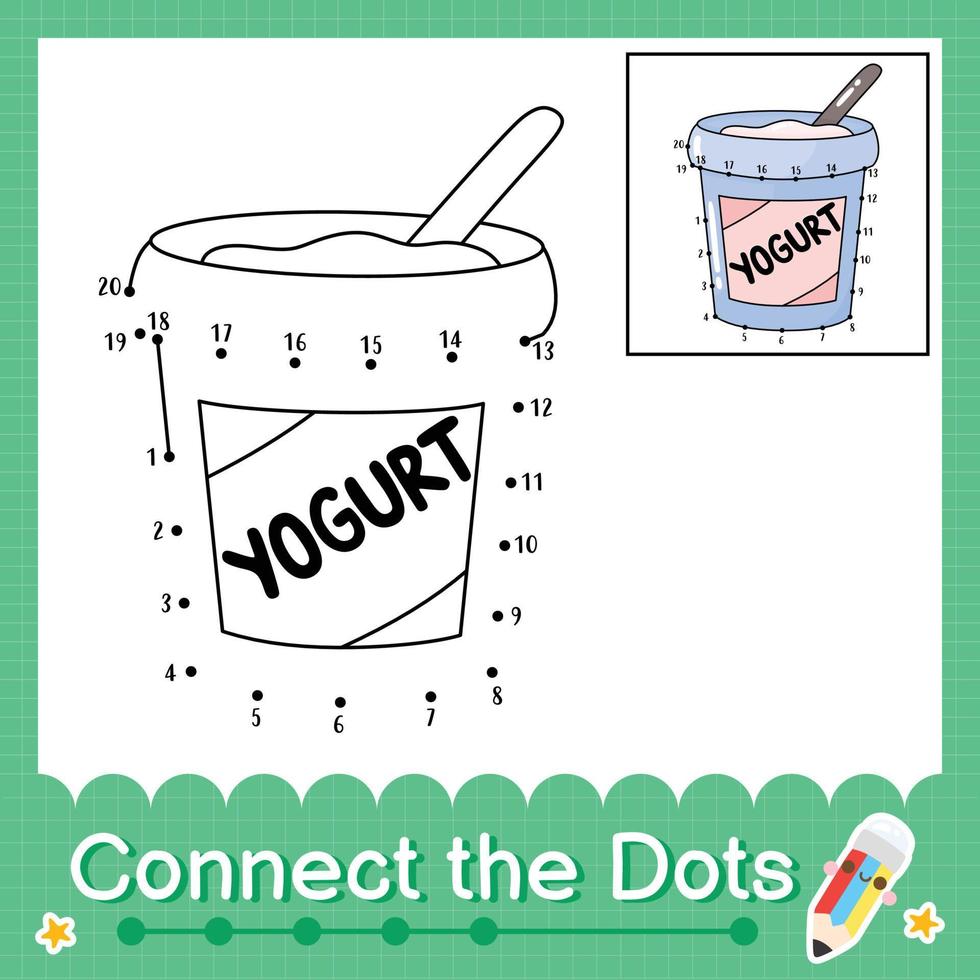 Connect the dots counting numbers 1 to 20 puzzle worksheet with yogurt vector