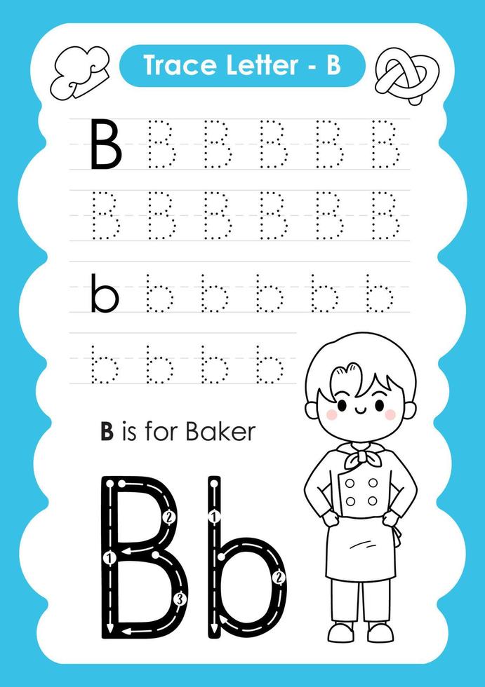 Alphabet Trace Letter A to Z preschool worksheet with the Letter B Baker vector