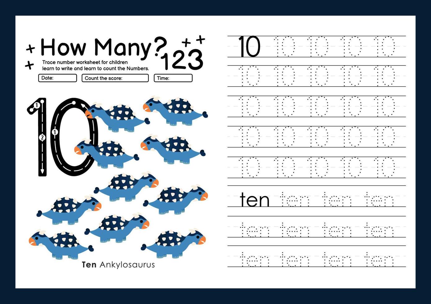 Numbers tracing template by counting Dinosaur with Number ten vector