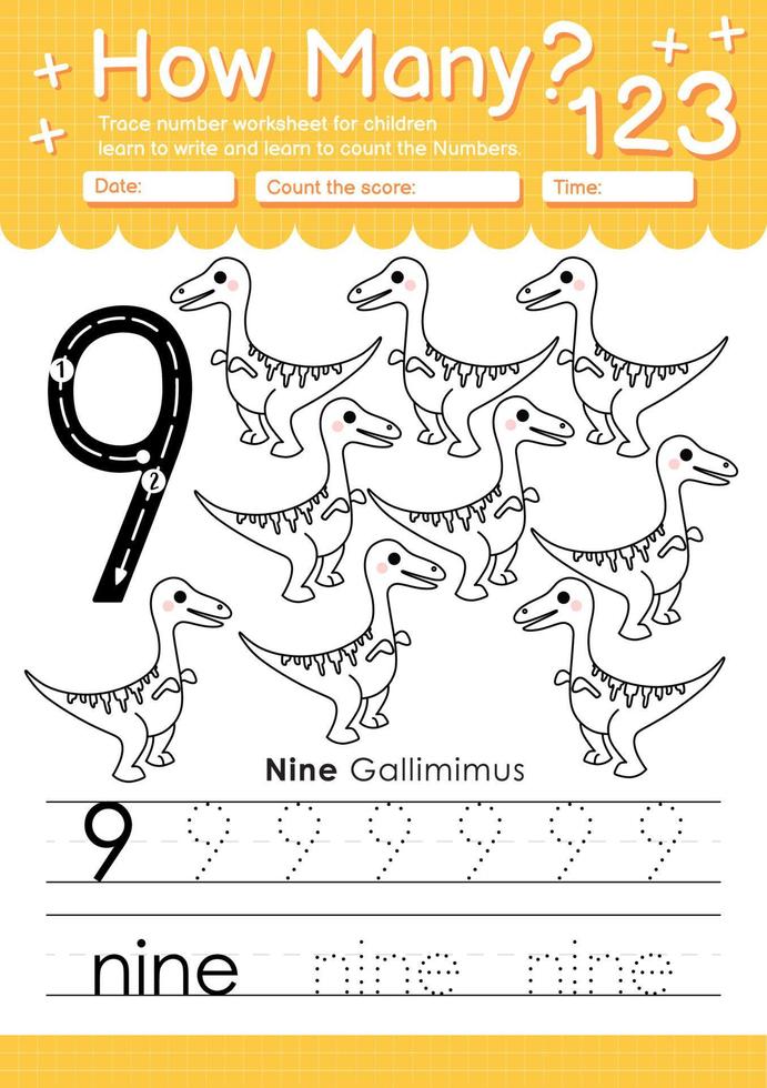 Numbers tracing template with the number nine vector