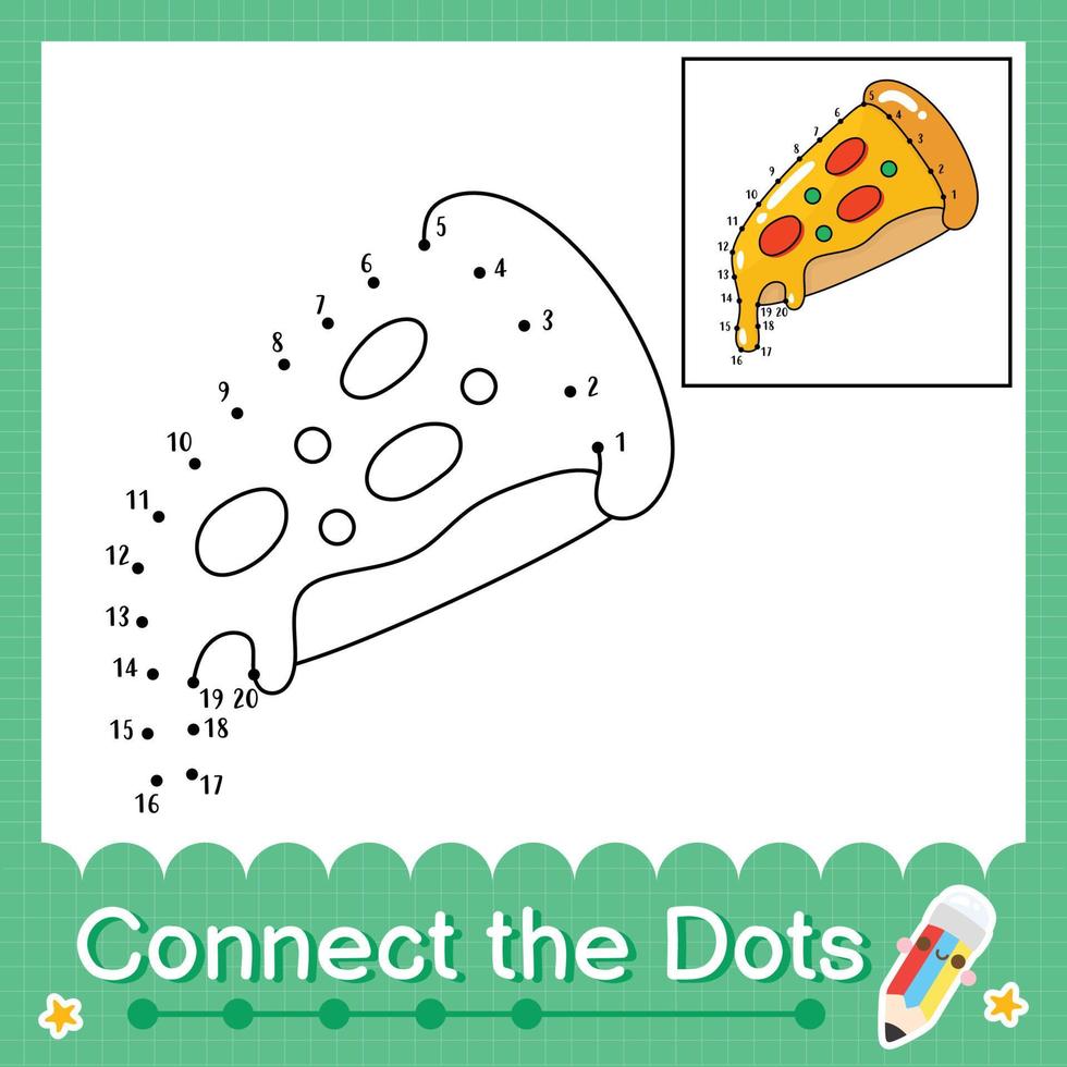 Connect the dots counting numbers 1 to 20 puzzle worksheet with pizza vector