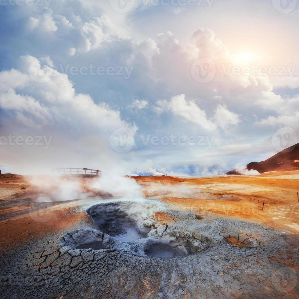 Fumarole field in Namafjall Godafoss waterfall at sunset. Beauty world photo