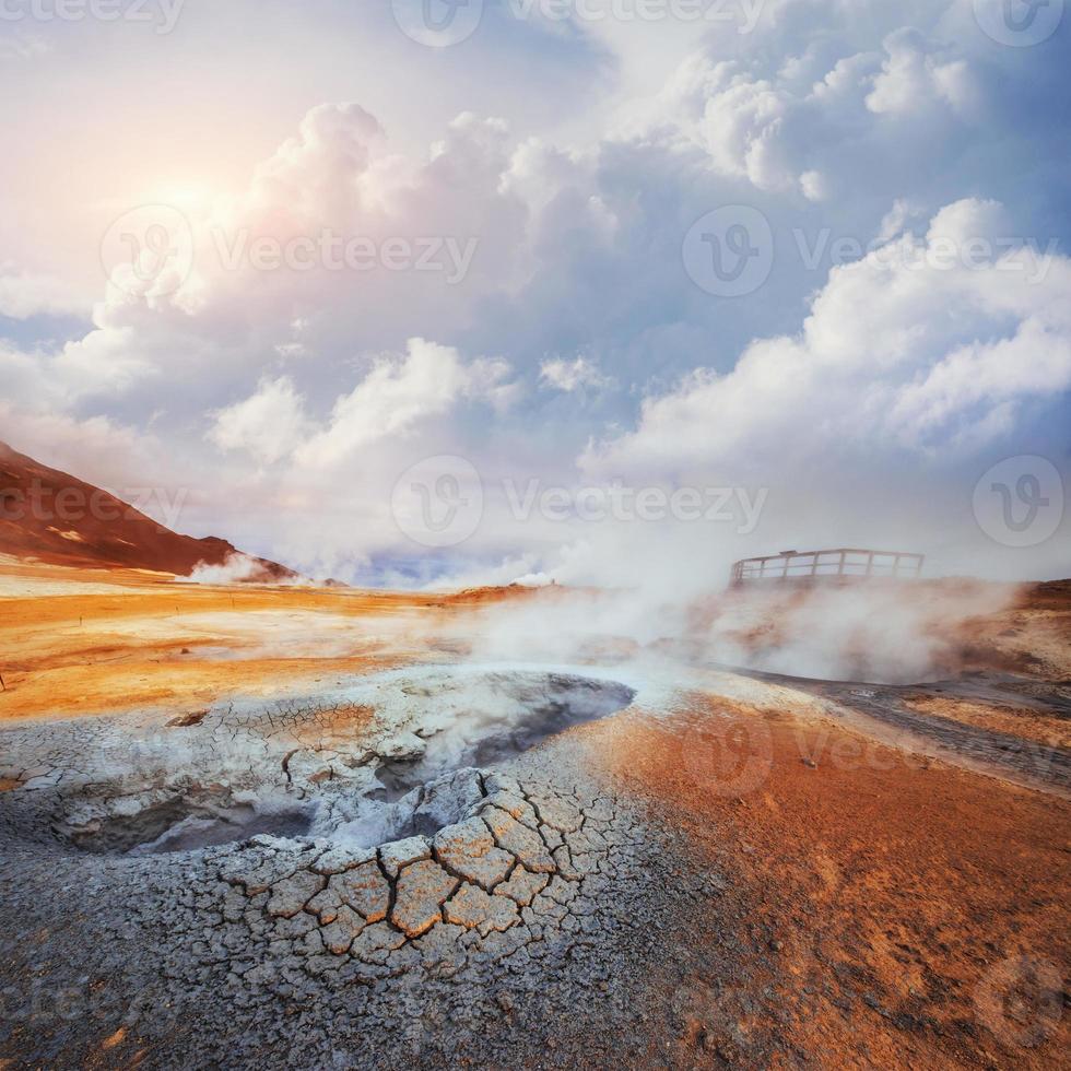 Fumarole field in Namafjall Godafoss waterfall at sunset. Beauty world photo