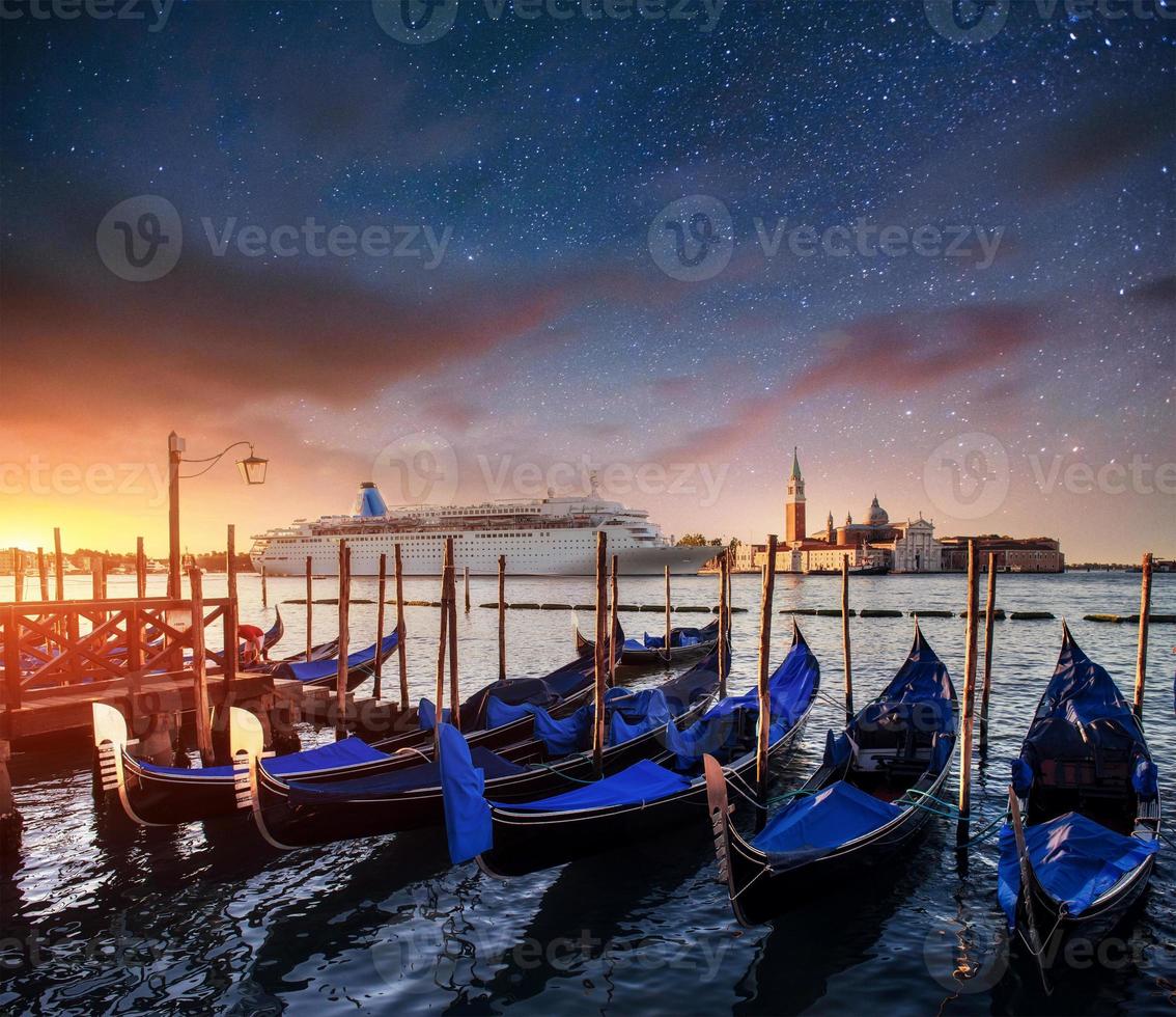 Fantastic views of the gondolas. Starry sky night photo