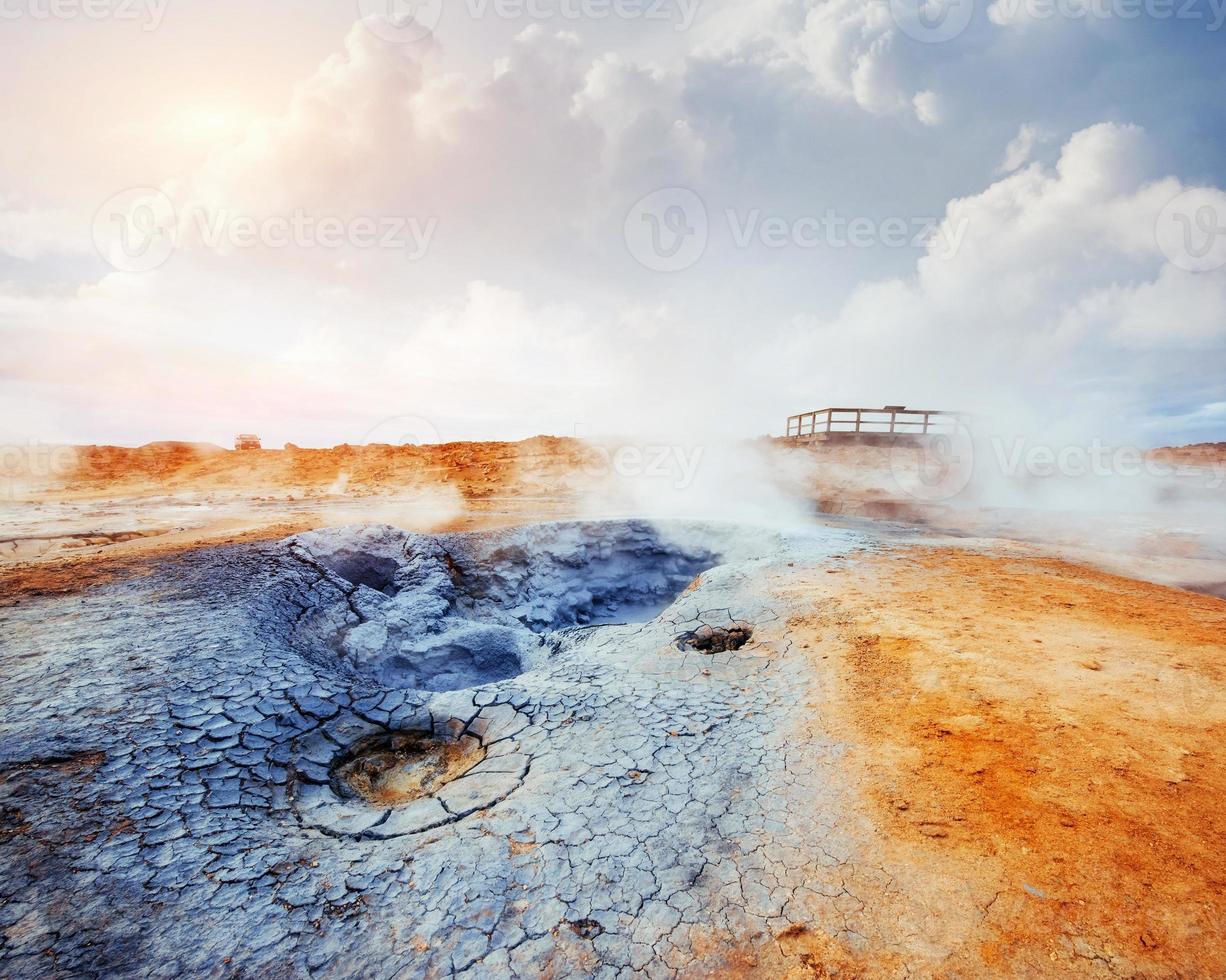 Fumarole field in Namafjall Godafoss waterfall at sunset. Beauty world photo