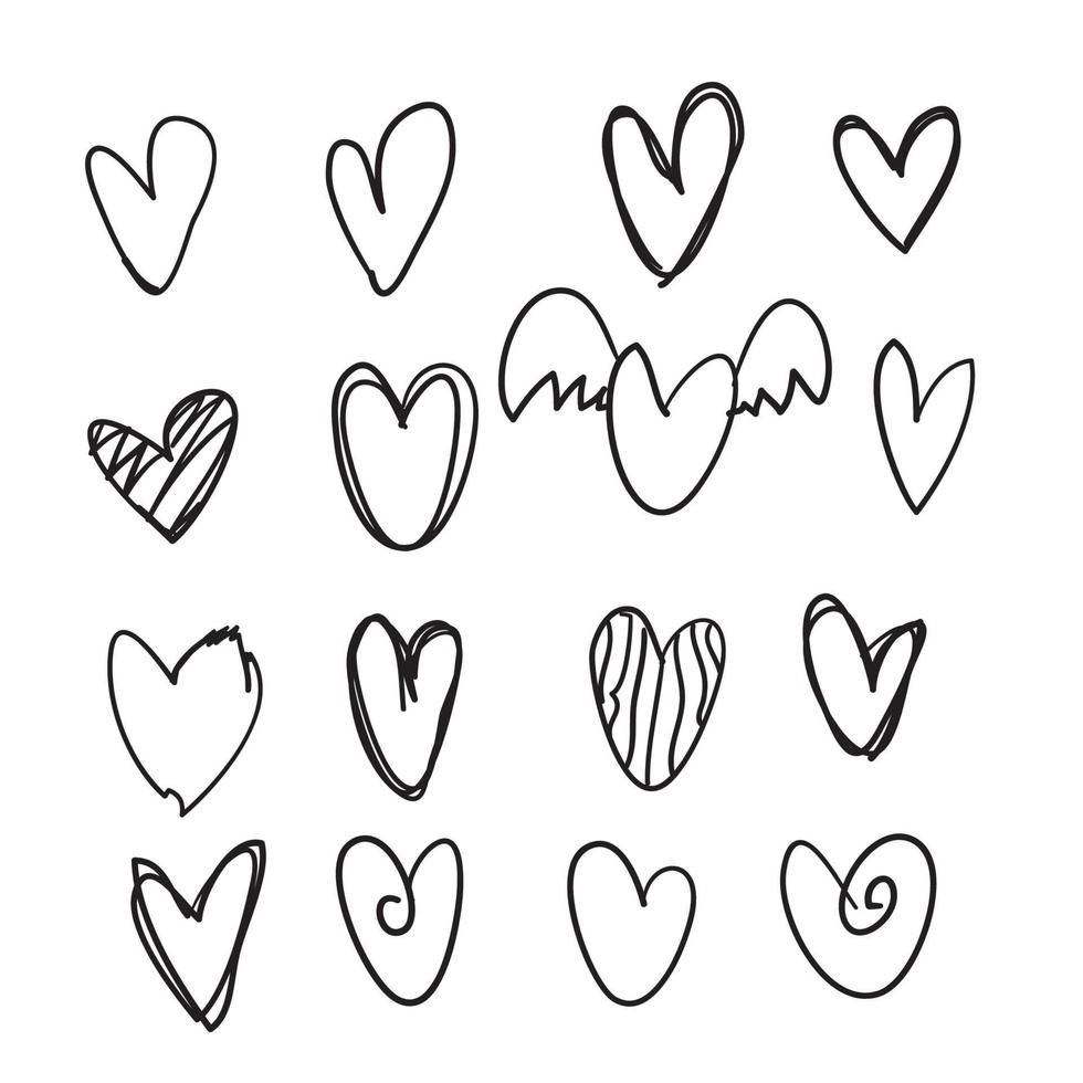 conjunto de colección de iconos de corazón de garabato dibujado a mano para sitio web, afiche, cartel, papel tapiz y día de san valentín. vector