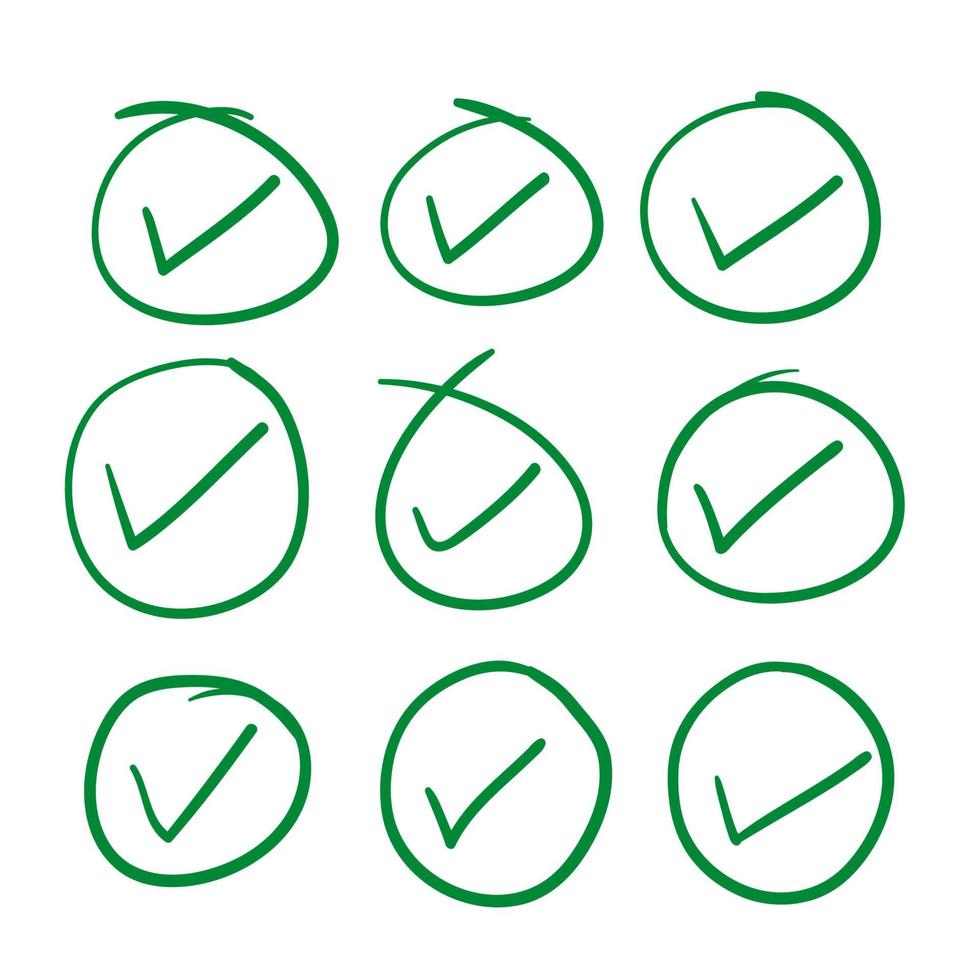 green circle Check mark icon with hand drawn doodle style vector