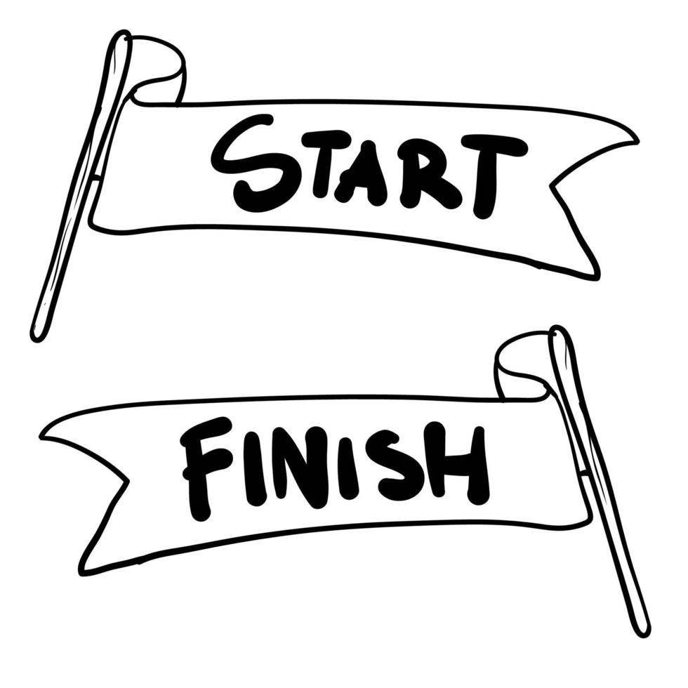 handdrawn start and finish line banners, streamers, flags for outdoor sport event, competition race, run. with doodle cartoon style vector