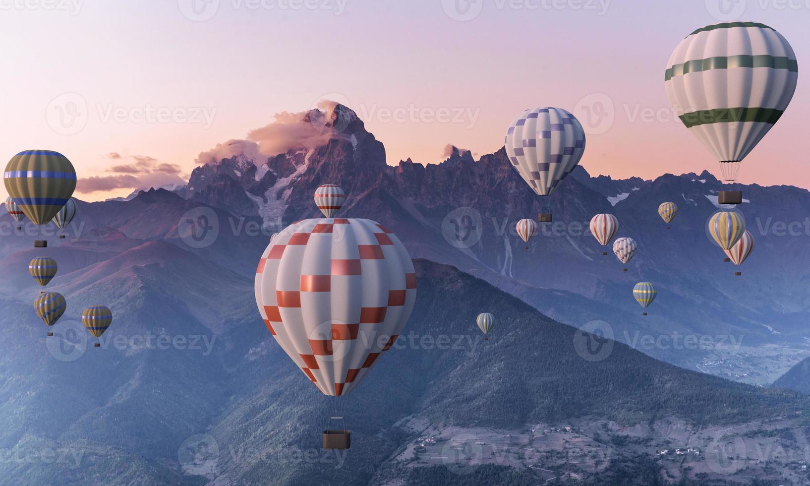 Colorful hot-air balloons flying over the mountain photo