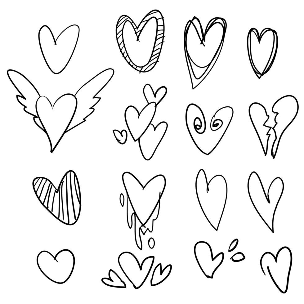 set of hand drawn doodle heart icon collection for web site, poster,placard,wallpaper and Valentine's day. vector