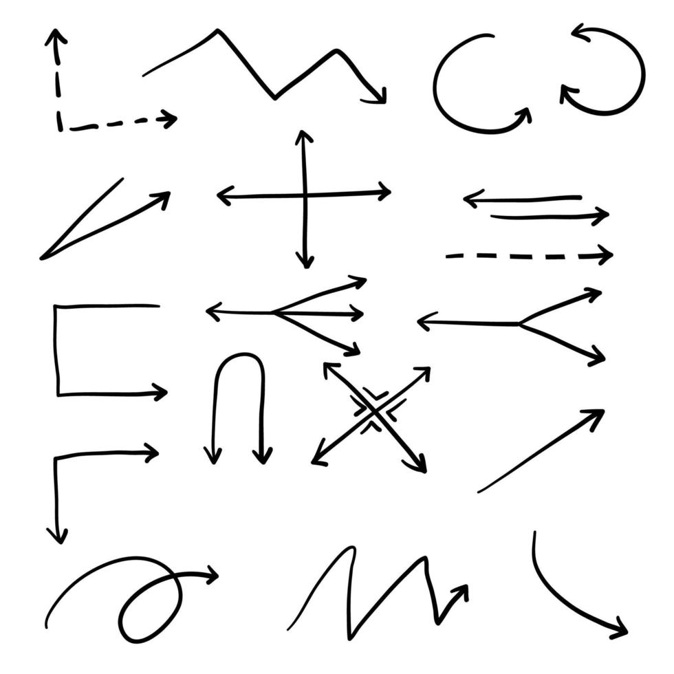 colección de vector de flechas dibujadas a mano con estilo de fideos aislado sobre fondo blanco