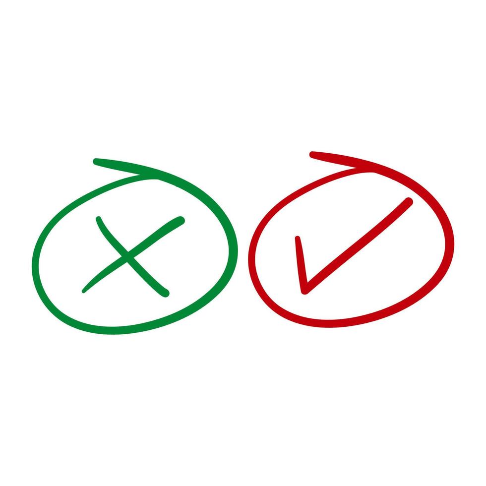 Check mark vector icons. Green tick and Red X cross. Hand drawn doodle style vector isolated on white.