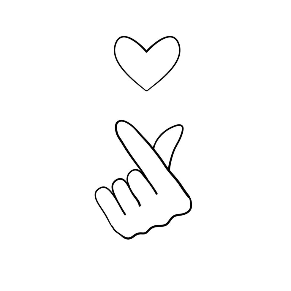 símbolo de gesto de mano para ilustración de signo de amor coreano con estilo de dibujos animados de fideos dibujados a mano vector
